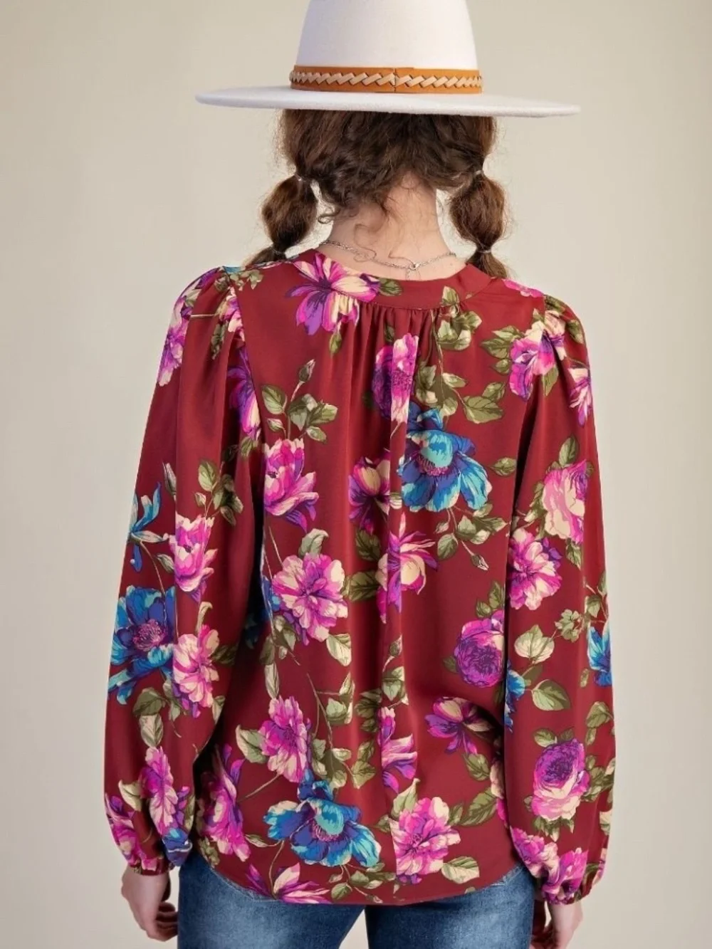 New Easel Women's Floral Tie Neck Blouse Pullover Red Long Sleeve Relaxed Fit - Picture 6 of 6